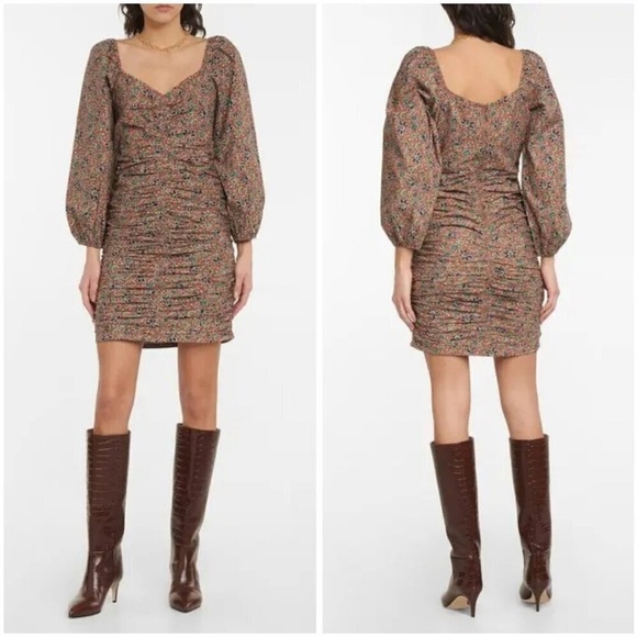 Veronica Beard Ruched Floral Mini Nadi Dress SIZE 2 Cotton Cinnamon Multi NWT - Picture 2 of 10